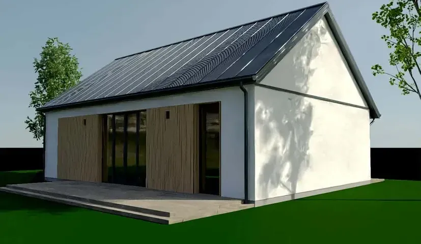 Elewacja domu 70 m²: tynk Bolix i drewno skandynawskie