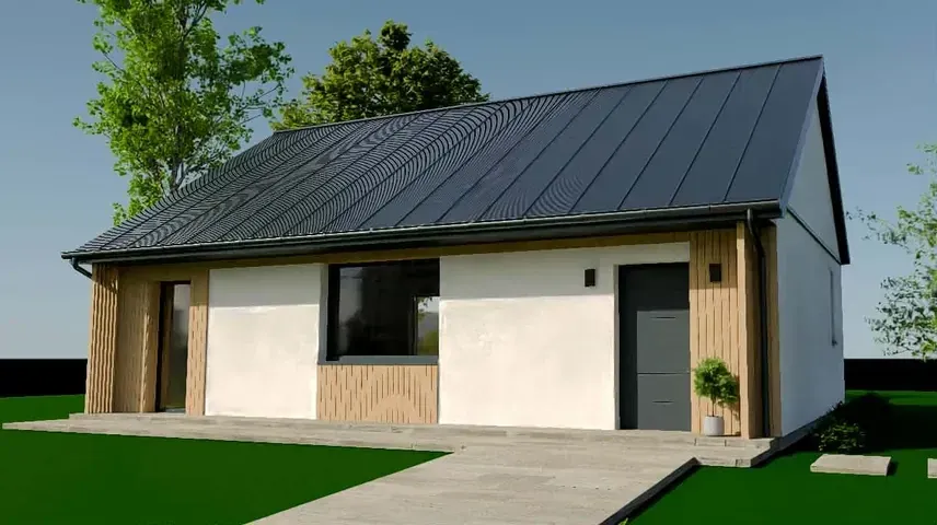 Dom 70 m² z drewnianą elewacją skandynawską przy wejściu, wizualizacja