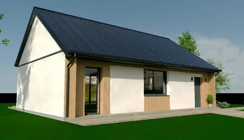 Bryła parterowego domu 70 m² z dwuspadowym dachem z blachy na rąbek