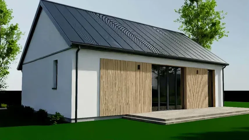 Dom drewniany 70 m² z dużymi przeszkleniami tarasowymi, wizualizacja